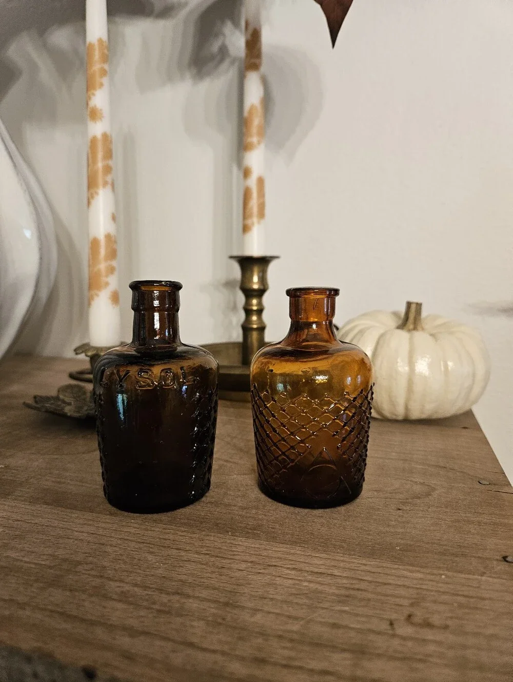 Antique/vintage Amber Glass Decorative Bottles Set Of 4 For Fall And Halloween